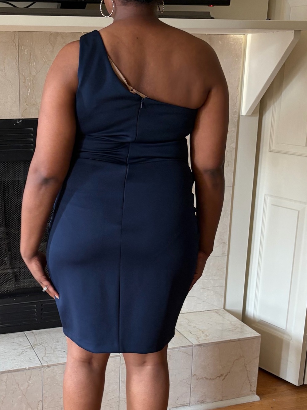 One-Shoulder Navy Ruffle Mini Dress - Picture 2 of 3